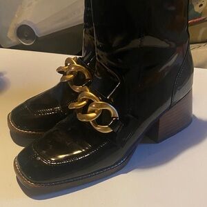Steve Madden Black Patent Boots with Gold Chain